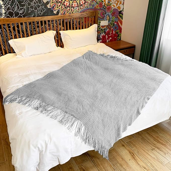 LOMAO Knitted Throw Blanket with Tassels Bubble Textured Soft Lightweight Throws for Couch Cover Home Decor (Light Grey, 50x60)