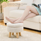 Round Storage Ottoman Foot Rest Cotton Braided Foot Stool Pouf Ottoman with Solid Wood Legs Footstool with Storage Shoe Changing Stool for Living Room White