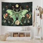 JAWO Green Butterfly Moon luna moth Flower Tapestry Boho Floral Plant moth Tapestries for Bedroom Aesthetic Tapastry's Wall Hanging Mandala Botanical Wall Tapestry for Living Room Dorm 60X40