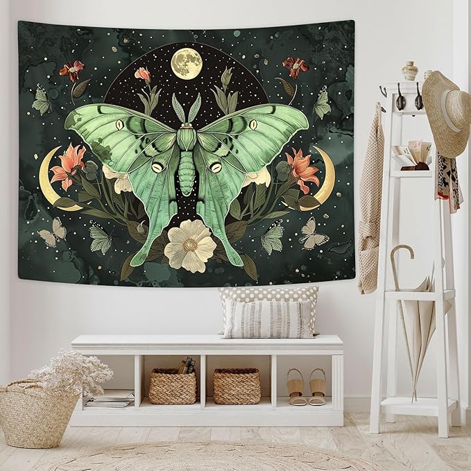 JAWO Green Butterfly Moon luna moth Flower Tapestry Boho Floral Plant moth Tapestries for Bedroom Aesthetic Tapastry's Wall Hanging Mandala Botanical Wall Tapestry for Living Room Dorm 90X70