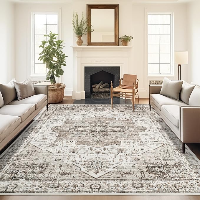 5x7 Area Rugs, Stain Resistant Machine Washable Area Rugs with Non-Slip Backing, Vintage Rugs for Bedroom, Living Room, Large Soft Low Pile Area Rug (White/Brown, 5'x7')