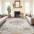 6x9 Rug, Stain Resistant Washable Area Rugs with Anti-Slip Backing, Vintage Rug, Large Bedroom, Living Room Rugs, Foldable Soft Rug (White/Brown, 6'x9')
