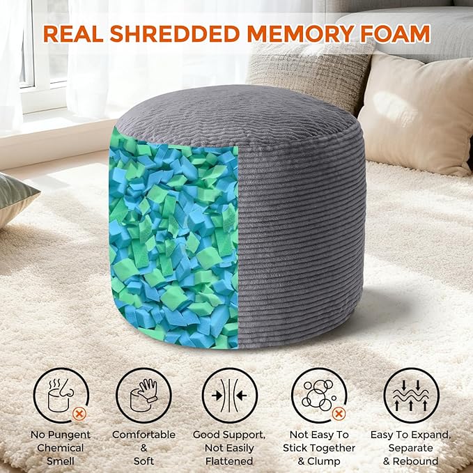 Pouf Ottoman Foot Rest, Comfortable & Soft, Round Footstool for Living Room, Bedroom, Office, Room Decoration, Corduroy Foot Stool Pouf with Odorless & Anti-Clump Filling, Small Dark Grey