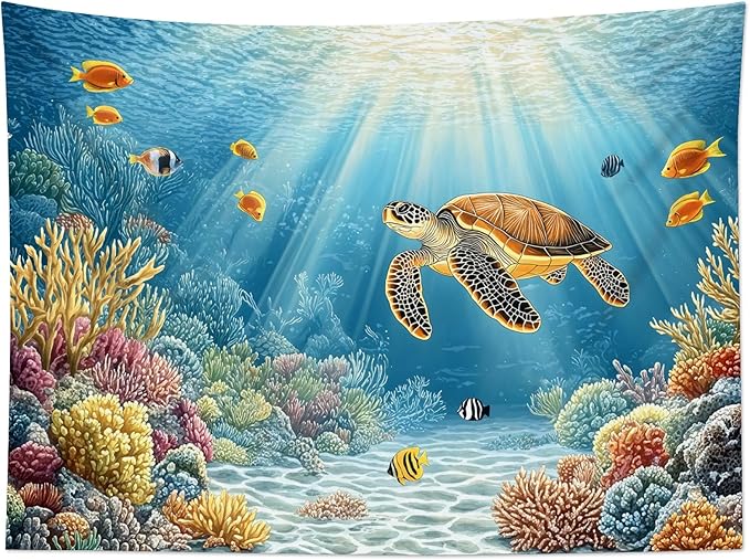 HVEST Blue Ocean Sea Turtle Tapestry Coastal Under the Sea Tropical Fish Coral Wall Tapestry for Bedroom Underwater World Sea Life Tapestries Wall Art Decor for Living Room Dorm, 51L x 59W Inches