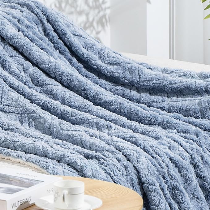 EverGrace Jacquard Boho Sherpa Fleece Throw Blanket for Couch, Super Soft Cozy Fuzzy Plush Blankets for All Seasons, Reversible Thick Warm Blanket for Bed, Sofa, Living Room, Blue Linen, 60" x 80"
