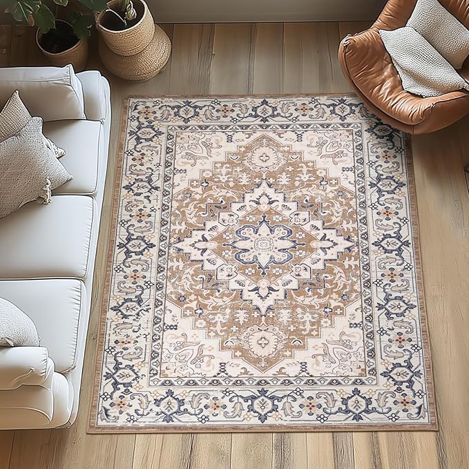 Lessymo 4 x 6 Area Rugs for Living Room- Machine Washable Area Rugs Boho Faux Wool Low Pile Area Rug for Bedroom, Floral Medallion Vintage Rugs Kid & Pet Friendly, Brown Beige