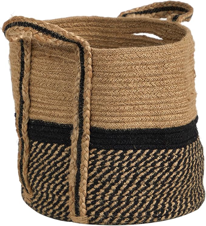 Nearly Natural 13in. Boho Chic Basket Natural Jute Basket Planter, Black Bottom Natural Top with Handles