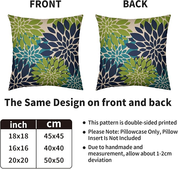 Navy Blue Green Teal Pillow Covers 18X18 Inch Set of 2, Modern Geometry Dahlia Floral Print Decorative Throw Pillow Covers Outdoor Farmhouse Cushion Case for Home Couch Sofa Bed Decoration