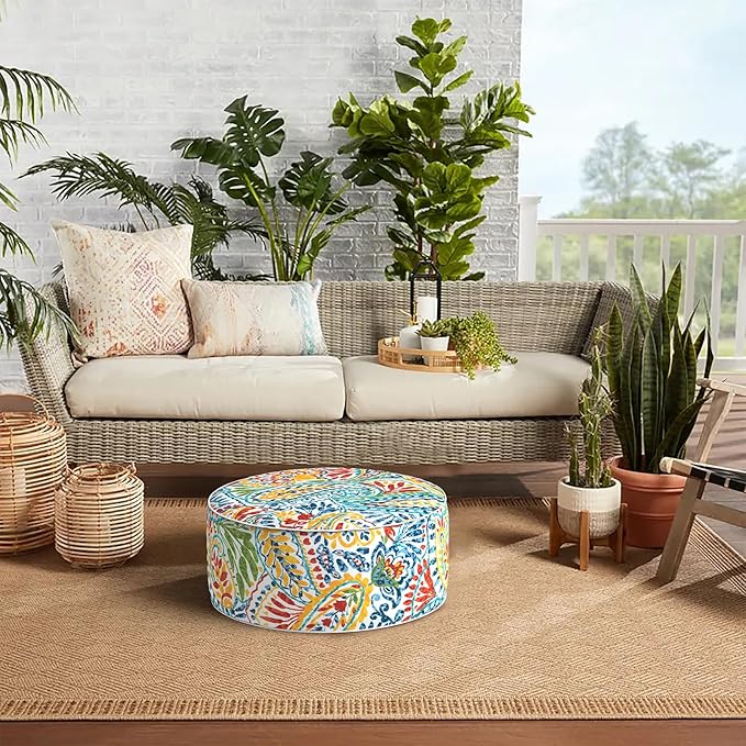 Indoor/Outdoor Inflatable Ottoman D21 x H9 inch, Round Footstool Inflatable Foot Rest Ottoman with Handle, Portable Ottomans Pouf for Patio, Garden, Camping, Home, Paisley Multi