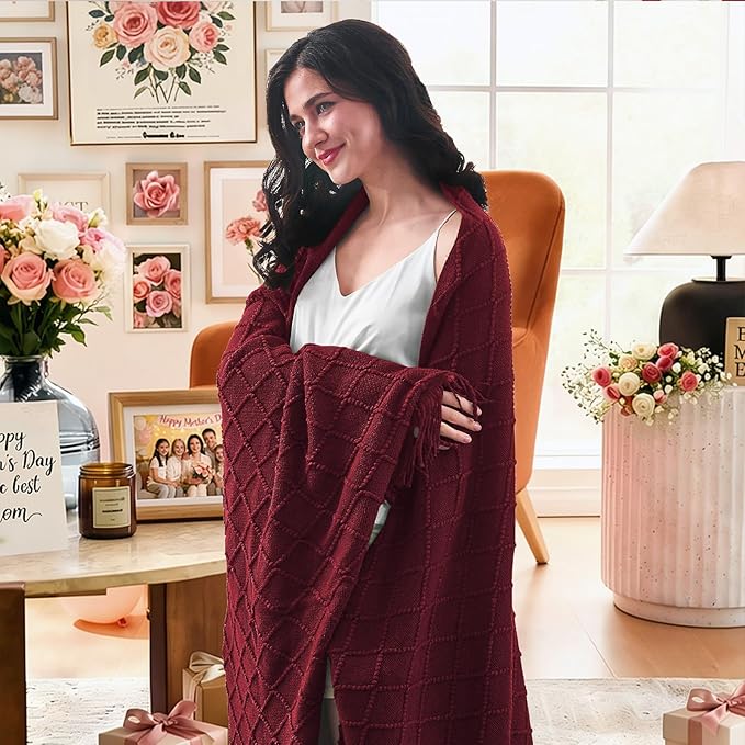 inhand Claret Knitted Throw Blanket for Couch Bed, Mothers Day/Mom Birthday Gifts for Mom from Daughter Son, Soft Lightweight with Tassels, Farmhouse Warm Decorative Blanket for Women, 50"x60"