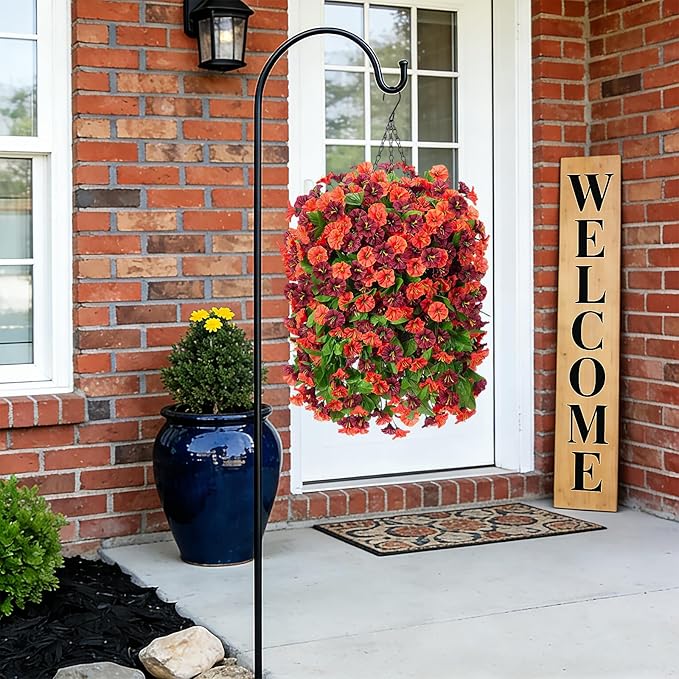 Artificial Flowers with Hanging Basket, Outdoor Faux Plants Silk Morning Glory Vines, Fake Green Arrangement for Garden Patio Spring Summer Decor(Orange Brown)