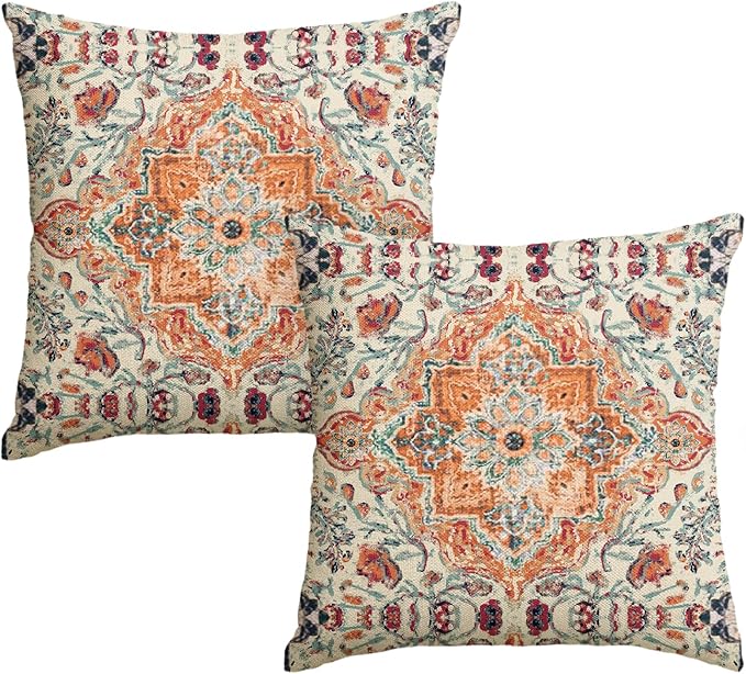 AVOIN colorlife Boho Throw Pillow Covers, 18 x 18 Inch Bohemia Ethnic Style Carpet Pattern Cushion Case for Sofa Couch Set of 2