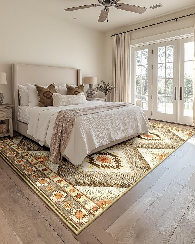Area Rug 6x8 Rug Machine Washable Non-Slip Low Pile Print Pattern Western Rug for Living Room Bedroom Entryway Tribal Series-Cream/Camel