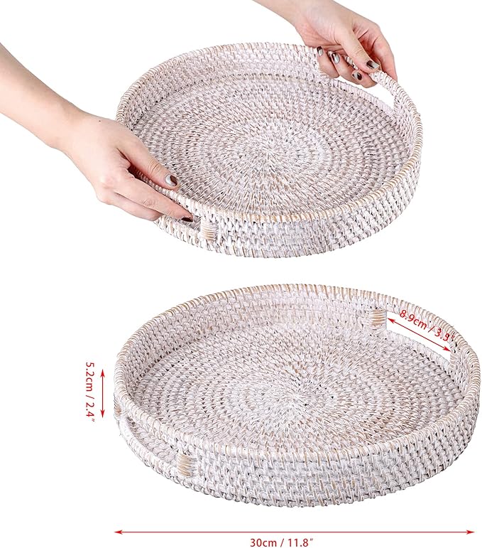Hipiwe Round Rattan Serving Tray with Handles - Hand-Woven Wicker Tray - Decorative Candle Organizer - Storage for Breakfast, Drinks, Snacks - Coffee Table Centerpiece - Large (11.8" x 11.8" x 1.9")
