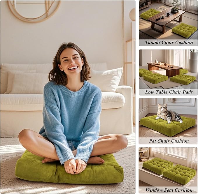 Meditation Floor Pillow 22×22 Inch 1 Pack Large Floor Cushions for Adults Square Tufted Corduroy Floor Pillows for Yoga Living Tatami Room Green
