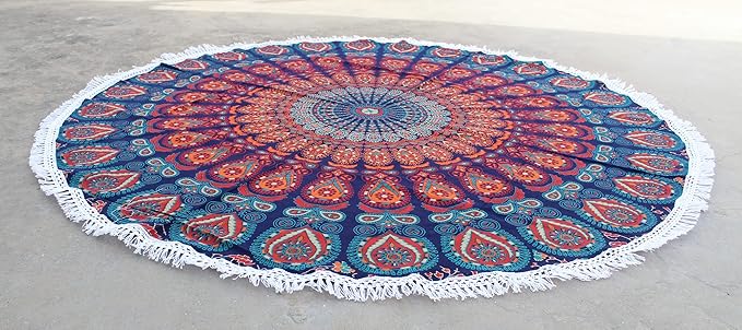 Round Beach Tapestry Turquoise Mandala Throw/Boho Hippie Beach Blanket Roundie/Indian Cotton Bohemian Large Round Table Cloth-Home Decor/Yoga Mat Meditation Picnic Rug (42", Orange and Blue)
