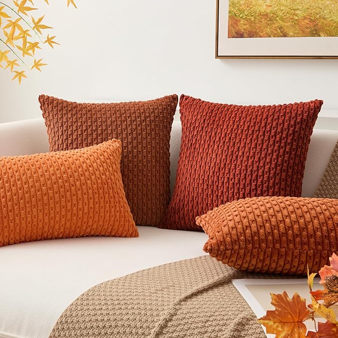 Kevin Textile Fall 12x20 Inch Pillow Cover 1 Pack Boho Decorative Soft Striped Corduroy Lumbar Farmhouse Solid Color Accent Rectangle Cushion Case for Living Room Couch Sofa Bed, Rust