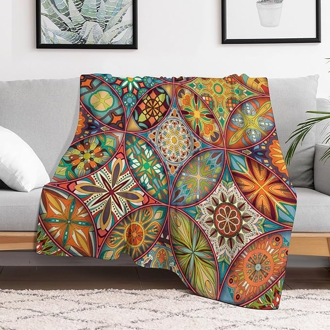 Boho Floral Throw Blanket Colorful Mandala Bohemian Indian Hippie Vintage Blanket for Sofa Bed Couch Chair or Dorm 50"x60"