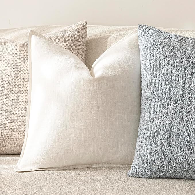 Foindtower Pack of 2, Decorative Linen Soild Throw Pillow Covers Soft Accent Cushion Case Boho Farmhouse Neutral Pillowcase for Chair Couch Sofa Bedroom Living Room Home Decor 18 x 18 Inch Cream White