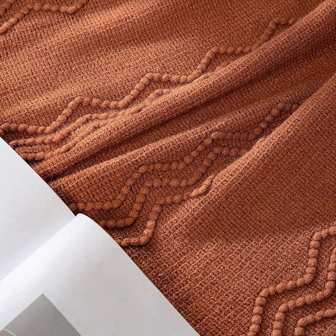 MIULEE Orange Knitted Throw Blanket for Couch Boho Terracotta Rust Textured Cozy Woven Blanket with Tassels for Sofa Chair Bed Living Room Acrylic Wave Pattern 60"x80"