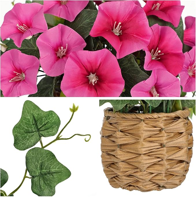 Briful 2 Pack Fake Morning Glory with Handwoven Basket - 8.2" Hot Pink Faux Potted Flowers Silk Floral Table Centerpiece for Home Office Room Shelf Desk Decor