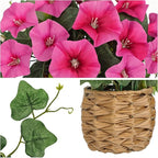 Briful 2 Pack Fake Morning Glory with Handwoven Basket - 8.2" Hot Pink Faux Potted Flowers Silk Floral Table Centerpiece for Home Office Room Shelf Desk Decor
