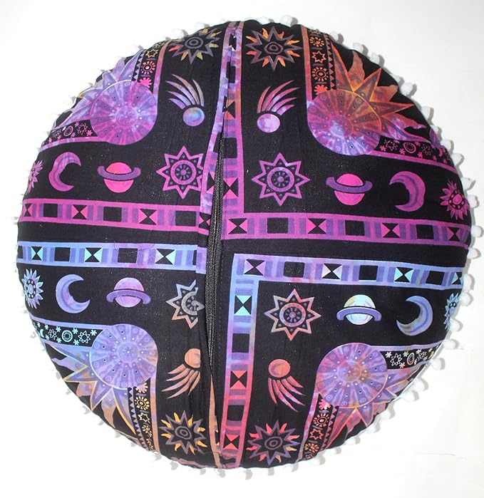 CRAFT KALA Large Round Bohemian Floor Pillow Pouf Cover Mandala Meditation Room Pillow Cover for Adults Boho Seating Poufs Cushion Cover for Kids Playroom 32" Round Multi Purple Burning Sun