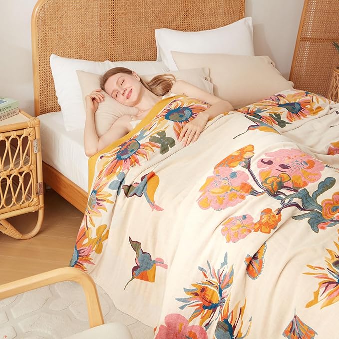 Boho Throw Blanket for Bed -90x90 Inch Spring Blanket 100% Cotton Muslin Cozy Reversible Breathable Throw All-Season for Sofa & Bedroom Quilt Floral Decor Blankets Washable
