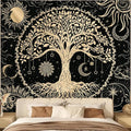Avinyl Tree of Life Wall Tapestry for Bedroom, Sun and Moon Hippie Tapestries Aesthetic, Black and Gold Wall Hanging Home Decor for Dorm Living Room Office 71in x 91in