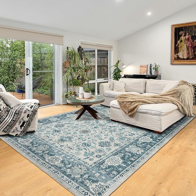 Area Rug 6×9, Large Vintage Boho Rug,Ultra-Soft Low Pile, Washable, Non Slip,Stain Resistant, Printed Carpet for Living Room Bedrooms Playroom Office Kitchen,Turquise/Cream