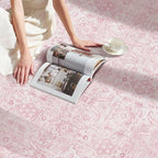 6x9 Area Rugs for Living Room Bedroom, Pink Large Washable Neutral Rug, Vintage Floral Retro Boho Non Slip & Low Pile Carpet for Indoor Dining Room, Classroom, Dorm, Nursery and Kids Room