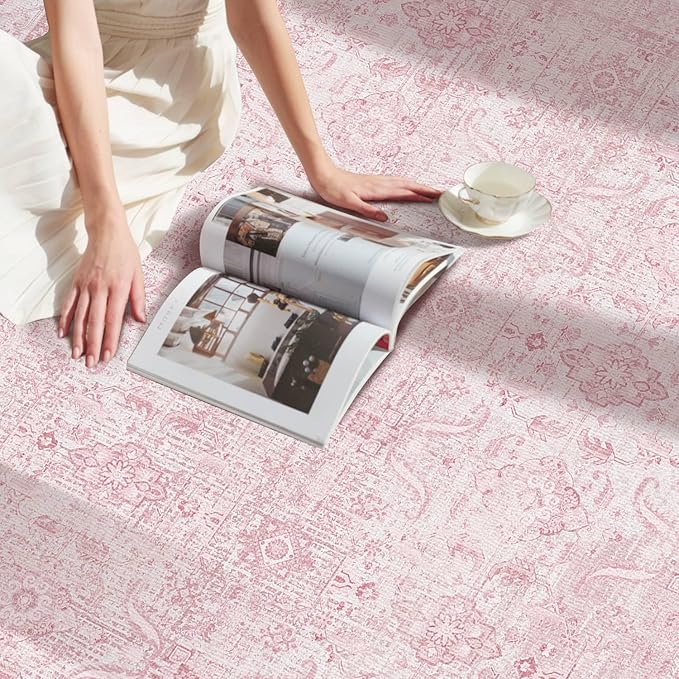 4x6 Rug for Living Room Bedroom, Pink Washable Throw Rugs, Vintage Retro Boho Area Rugs, Non Slip & Low Pile Accent Carpet for Indoor Nursery Room, Dining Room, Kids Girls Room