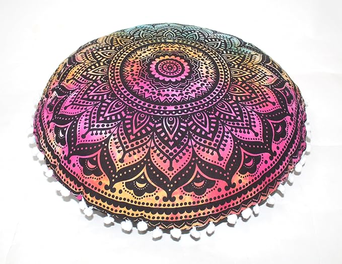 CRAFT KALA Boho Large Floor Pillow Pouf Cover Mandala Meditation Room Pillow Cover for Adults Round Bohemian Seating Pouf Cushion Cover for Kids Playroom 22" Multi Ombre