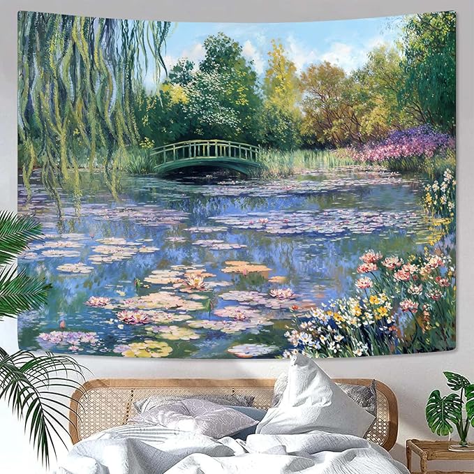 Accnicc Monet Water Lilies Tapestry Green Floral Plant Tapestries Aesthetic Monet Wall Art Posters Nature Flower Garden Landscape Small Tapestrys for Bedroom Living Room Dorm 60 x 44 Inch
