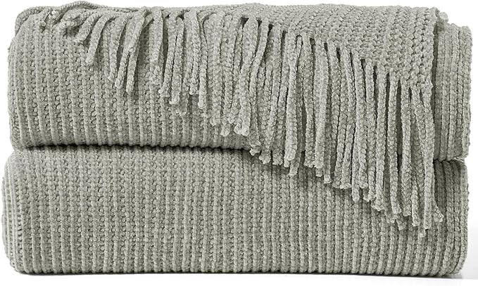 inhand Throw Blanket for Couch Bed,Chunky Chenille Woven Soft Blankets with Tassels,Cozy Boho Farmhouse Fall Winter Decor,Warm for Women,50"x60",Medium Thick-Light Grey