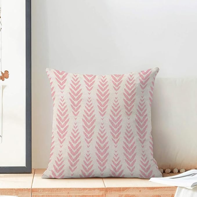 BETGINY Boho Pillow Covers 16 x 16 Inch Pack of 2, Pink Bohemian Ethnic Herringbone Pattern Decorative Throw Pillow Covers Vintage Linen Farmhouse Outdoor Pillowcase for Bedroom Home Sofa Decor