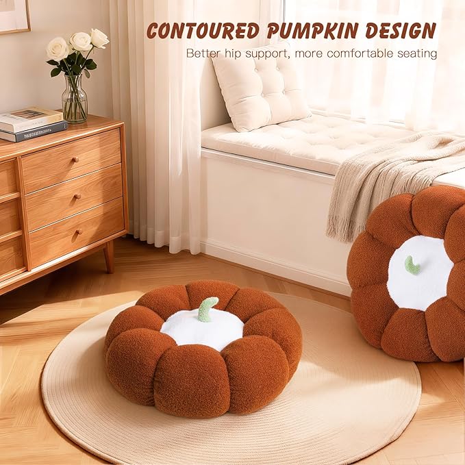 24 Inch Pumpkin Floor Cushion – Large Plush Round Pillow Seat for Living Room, Meditation, Reading & Relaxation – Versatile Seating, Back Support & Pet Bed - Cozy Aesthetic Home Deco