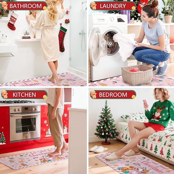 Gingerbread Man Candy Cane Christmas Rugs for Kitchen Floor, Mats for Kitchen Floor Non Slip, 2PCS Rubber Kitchen Mat, Washable Cushioned Runner Carpet Rug for Sink Laundry 15.7"×27.5" +15.7"×47" Pink