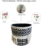 Boho Hand Woven Plant Basket Modern Woven Basket for 4-6.5" Flower Pot Floor Indoor Planters, Storage Organizer Rustic Home Decor, Black and White with Tassels 9” x 9"