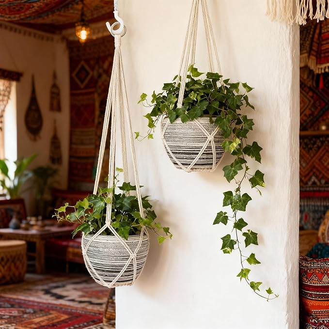 2Pcs Macrame Plant Hanger Plant Hanger Indoor Hanging Planters for Indoor Plants Decorative Modern Style Hand Knotted Woven Cotton Rope for Boho Home Decor No Tassels