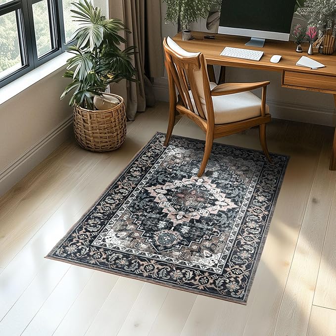 Lessymo 3 x 5 Area Rugs for Living Room,Machine Washable Area Rugs Boho Faux Wool Low Pile Area Rug for Bedroom Floral Medallion Vintage Rugs with Non-Slip Rubber, Kid & Pet Friendly,Black Brown