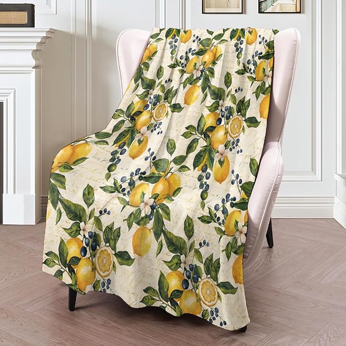 Lemon Botanical Blanket 50×60 Inch,Vintage Hand Drawn Citrus and Blueberry Lightweight Flannel Throw with Script Background,French Country Home Decor,Gifts for Girls,Women