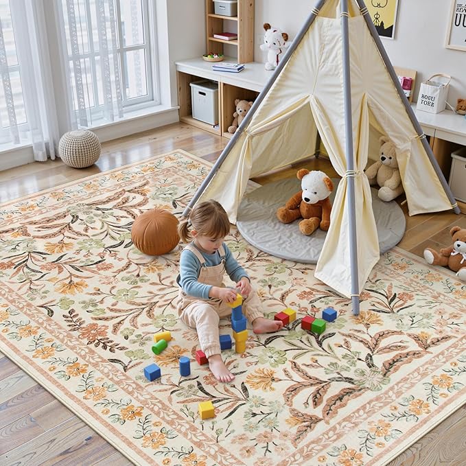 Lahome Sylvie Fall Boho Washable Area Rugs 5x7 for Bedroom, Bohemian Brown Rugs for Living Room, Soft Floral Thin Carpet for Kids Room Apartment Dorm Home Decor, Ochre Fall