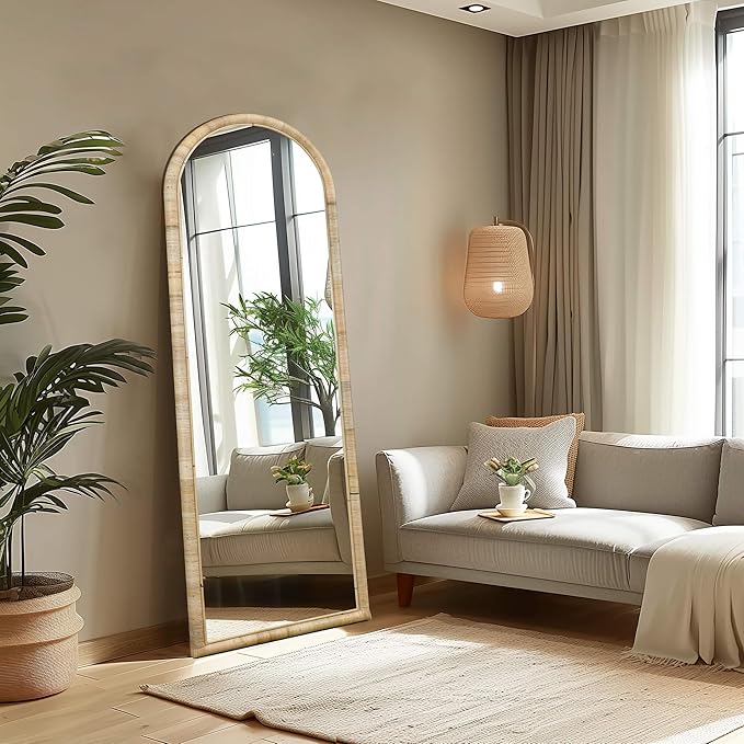 Rattan Full Length Mirror, 64x 20 Full Body Mirror for Wall, Rattan Frame Boho Mirror Decor Bedroom Bathroom Checkroom Livingroom Entryway Farmhouse