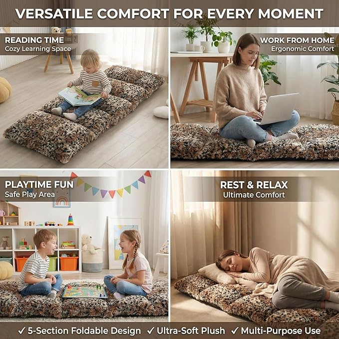 Mengersi Velvet Floor Pillows,Faux Fur Tie Dye Pillow Bed Floor Lounger Cover,Sleeping Mat for Kids Teen Toddler,Pillow Lounger for Reading Playing Games Party,Requires 5 Pillows(King,Leopard)