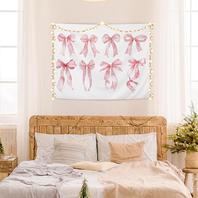AQYIP Trendy Coquette Pink Bow Tapestry, Preppy Pink Tapestry, Girly Aesthetic Wall Blanket Decor for Girls Room Dorm Apartment Bedroom, 50x60 Inch
