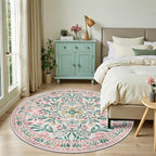 Round Area Rug for Living Room: 6 ft Floral Washable Circle Rug Soft Boho Non-Slip Carpet Indoor Stain Resistant Low Pile Small Circular Rug for Bedroom Entryway Kitchen Nursery Home Office Pink Green