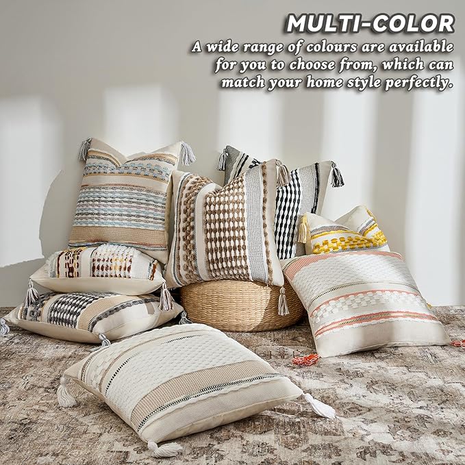 AmHoo Chenille Striped Textured Boho Throw Pillow Covers Aesthetic with Tassels Woven Decorative Pillow Case for Couch Bed Sofa Bedroom Modern Funky 18 x 18-Inch White
