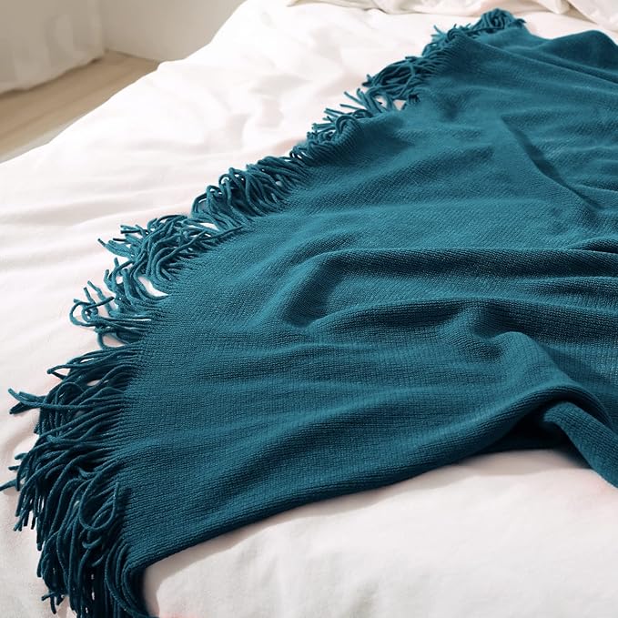 Homiest Decorative Knitted Throw with Fringe, Lightweight Acrylic Knit Blanket, Soft & Cozy Tassel Blanket for Couch, Sofa, Bed (Turquoise, 50 x 60 Inch)