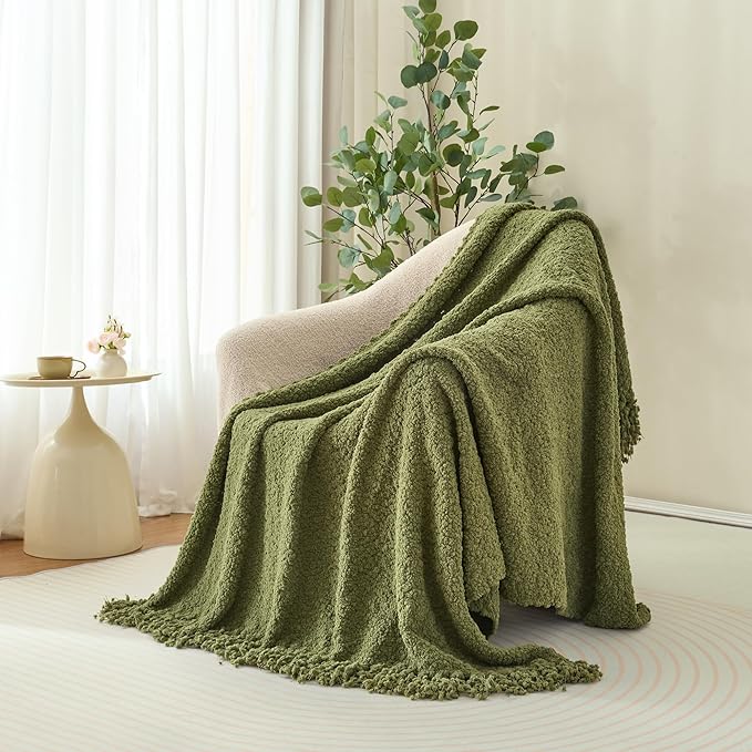 Throw Blanket for Couch, Olive Green Luxury Knitted Throws 50"x60", Textured Blankets with Handmade Fringe Tassels for Bed Sofa Decorative, Chunky Soft Farmhouse Boho Home Decor